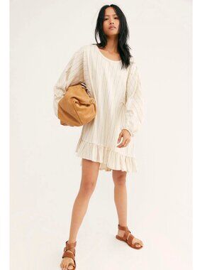 Free People Beach Size L Cream Striped Ruffled Long Sleeve Mini Dress Boho